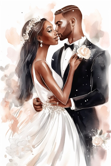Black skin bride in a white wedding dress with diamonds and with beautiful jewelry, rich and glamour, long beautiful hair, beautiful lips and long eyelashes glamour and the groom in a tuxedo smile watercolor clipart