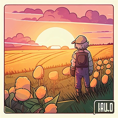 A clipart, A field of crops with a country sunset in the background only one clipart, white background, vibrant colors, cartoon,style ghibli, style dofus hand drawn, detailled, watercolor