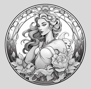 hercules in the king disney clipart coloring page of the girl, in the style of bella kotak, transparent/translucent medium, circular shapes, black and white grayscale, simplistic vector art, cartooncore, princesscore