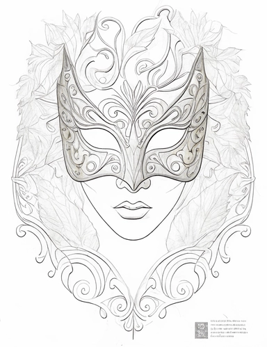 white coloring page of a white masquerade mask with intricate cut-outs, delicate linework, simplified line work, free brushwork, 15th century vintage masquerade for adults black and white drawings, in the style of tanya shatseva, in the style of fantasy illustrations, in the style of fantasy illustrations, in the style of art nouveau-inspired illustrations, in the style of intricate pen drawings, in the style of intricate linework, in the style of detailed linework, kinuko y. craft, luca della r