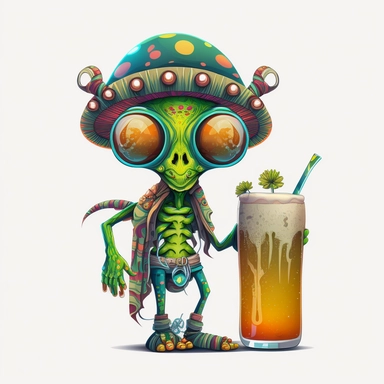 Illustration in boho style, clipart, sublimation picture Alien with a huge glass of Irish beer. Bright colorful colors. White empty background, high quality 8k, quality detail