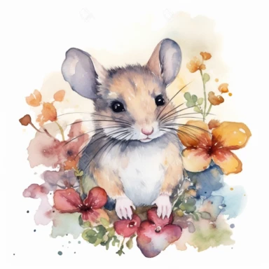 mouse and flowers Watercolor Clipart Underwater World Watercolor Art Baby mouse Watercolor Cute Baby Animal Watercolor Clipart high quality, white background, sweet, Beautiful