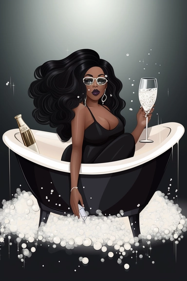 Cartoon Black Skin African American Clipart Plus size Beautiful Rich Woman sitting in a bathtub full of diamonds with a glass of champagne and a cigar, having beautiful face long eyelashes and beautiful lips beautiful long hair confident