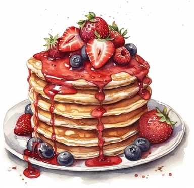 DESIGN A MAGNIFICENT AND EXQUISITE BREATHTAKING ONE-OF-A-KIND HIGH QUALITY HIGHLY DETAILED MASTERPIECE WATERCOLOR CLIPART ILLUSTRATION OF strawberry pancakes, in the style of hyper realism, animated gifs, piles/stacks, commission for, endurance art, WHITE BACKGROUND, NO FONT, NO TEXT, NO WORDS, NO WATERMARK