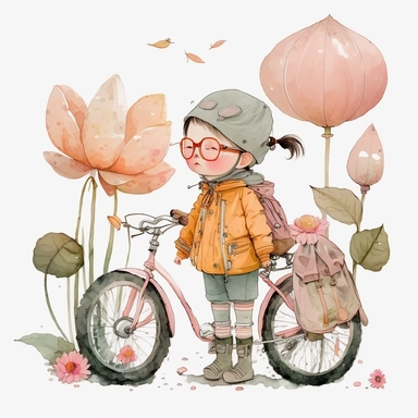 watercolor, very cute little child in a pastel pink coat with lots of pockets, vintage aviator glasses, baby orange trousers holding a little vintage toy, with a backpack, on a vintage bicycle, sorounded by big lotus flowers with long stem, and some fly lanterns, clipart, white background