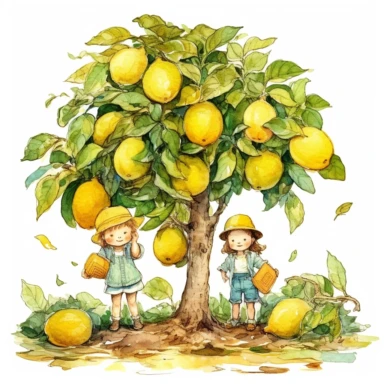 Watercolor clipart very detailed children around lemon tree. White background