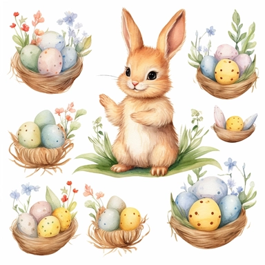 Nursery baby bunny spring easter eggs chick clipart, watercolor, hand draw, seamless