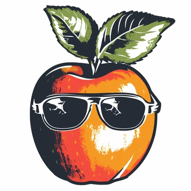 an apple fruit wearing retro sunset sunglasses rendered on a pure white background, t-shirt design graphic, vector, clipart, isolated, .75 gutter,