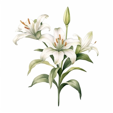 watercolor lily flowers and leaves clipart,tiny, long branches,hd, on white background, space out