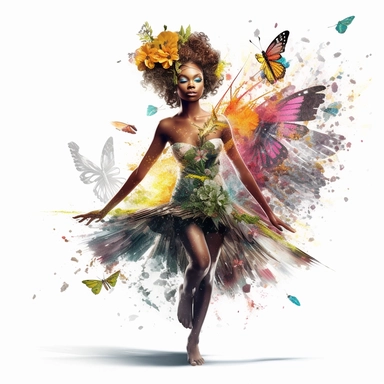 african american fairy, large sparkling wings, spring elements, flowers, sparkling magic dust sprinkling down, fantasy, magic, Fantasy Clipart, PNG Clipart, Illustration clipart, white background, vivid colour, 4K, extremely detailed