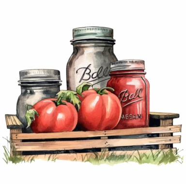 tomato mason jar watercolor clipart & clip art, in the style of light red and dark gray, narrative paneling, classic american cars, uhd image, hand lettering, depiction of rural life, wood