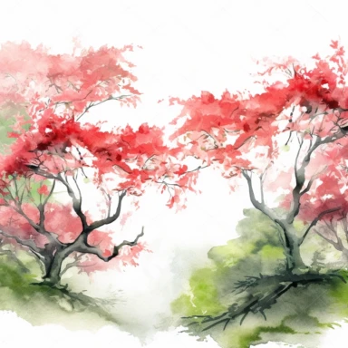 Watercolor, Japanese Maple Trees, old, long branches, Clipart, springtime japanese trees, forest, grass, white background