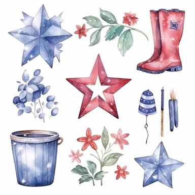 Watercolor memorial day, illustrations clipart set, simple, christmas colors , cartoon elements, different variants , , separate elements with a margin