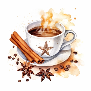 realistic high detailed watercolor steaming coffee cup with a cinnamon stick and star anise clipart, white background,