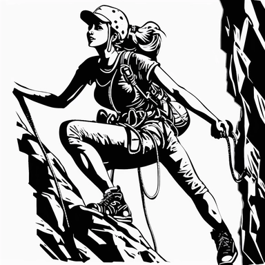 siple clipart, rock climbing , black and white , women wearing helmet
