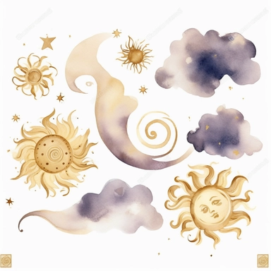 beautiful spiral ornate clouds clipart set watercolor and shiny gold glitter watercolor clipart png on white background with free margins