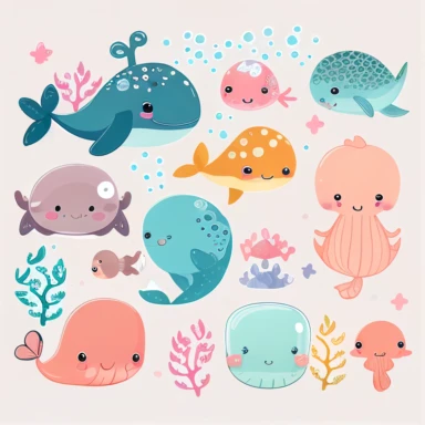 kawaii marine animals clipart on white background, vector, make them cute and cuddly