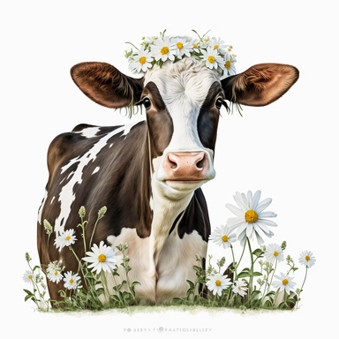 Dairy Cow Clipart with Daisy Flowers, white background