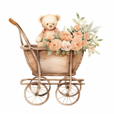 clipart, cute, boho, simple, clean watercolor, baby trolley with vintage bears inside, hand painted