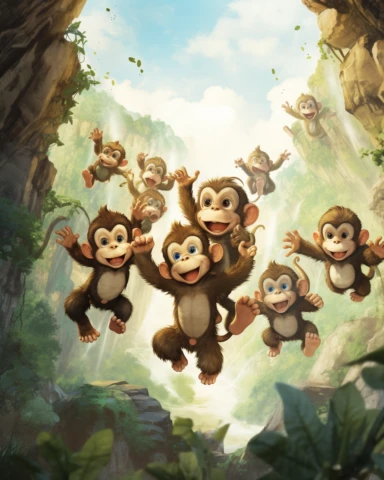 Nine little monkeys jumping all around the jungle, Swinging and leaping, never touching the ground, watercolour clipart, children's storybook illustration,