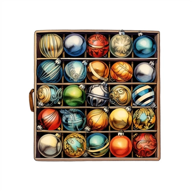 Ella bailey watercolour illustration with black gel pen outline style box of vintage christmas ornaments, high definition, 8k, insanely detailed, fine detail, sharp focus, illustration, white background, isolated clipart vector