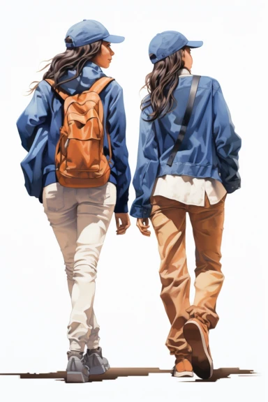 two fullbody women on their backs looking forward , wearing blue pants, hat and jackets, clipart