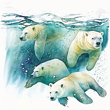 watercolor clipart a family Polar Bears swimming underwater in the Arctic regions of Alaska, Canada, Greenland, Norway, and Russia., digital illustration, 8k, hd ar 16:9 v5