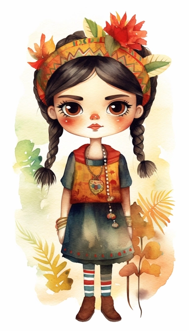 Little girl as Frida Kahlo exploring, Watercolor Clipart, strybk, full Illustration, 4k, sharp focus, watercolor, smooth soft skin, symmetrical, soft lighting, detailed face, concept art, muted colors, watercolor style, strybk, children's style fairy tales, chibi kawaii, . Octane rendering, 3d. Perfect face, detailed face, delicate face, perfect sharp lips, detailed eyes. Craig Davison, Aubrey Beardsley, Conrad Roset, Aikut Aidogdu, Agnes Cecil, watercolor style