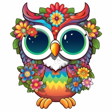 sticker, Groovy hippie 60s cute isolated owl, Funny cartoon flower power clipart, white background