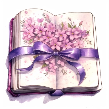 watercolor, hyper realistic, white background, white margins, 16k, ultra detailed clipart, cut out image, hand-drawn, whimsical manhwa style, ultra HD, sharp and clean art a book with a floral cover in shades of pink and purple, with a ribbon bookmark and a few scattered flowers around it