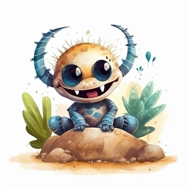 a baby scorpion with cute big eyes, happy smiling face, cute animal, adorable, playful atitude, adorable watercolor animal clipart with a few cactus and sand decor, no background, high quality