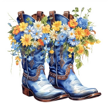 Beautiful Cow girl boots watercolor sublimation clipart, full of flowers, spring flowers, blue color, art, digital art, drawing, highly detailed, realistic drawing, white background, 8k