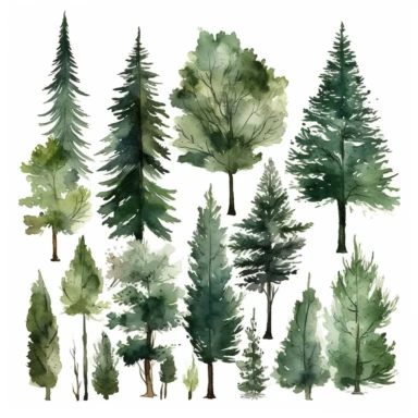 A collection of evergreen tree silhouettes on white forgound, white backgound with margins, watercolor clipart