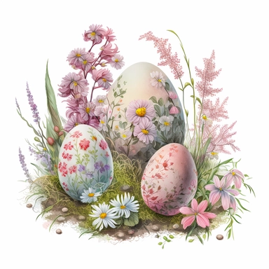 clipart. easter eggs. detailed painted. surrounded by spring flowers and grass. Pink Soft Pastel Watercolour, Happy calm Atmosphere. On the White Background, in the Center of the Image. no caption