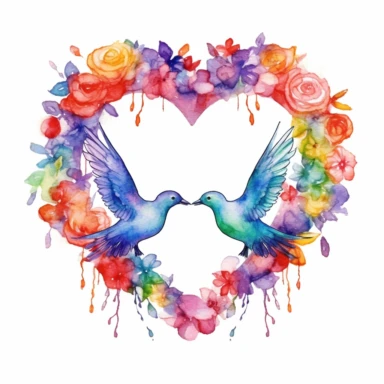 rainbow watercolor clipart of wedding doves kissing inside a floral heart wreath, colored ink illustration, good composition, vector, contour, isolated white background, 26k
