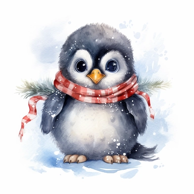 Cute Christmas fluffy baby penguin watercolor clipart