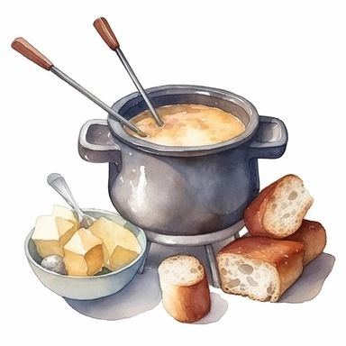 Watercolor ultra realistic and hyper detailed illustration of aCheese fondue pot with dipping forks and bread cube, clipart, white background