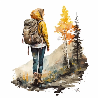 water color girl hiking in Austria between high mountains, she is wearing boots and backpack, realistic look, with trees at yellowstone park, clipart, hd, white background