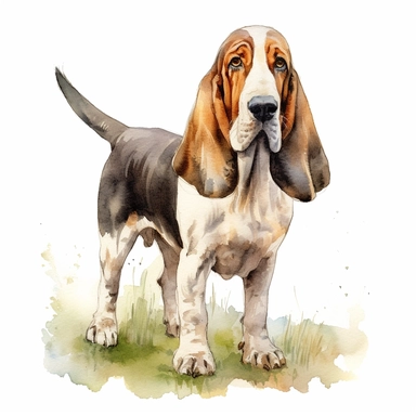 close up high detailed, Hand drawn watercolor clipart of a cute Bassett Hound in a park, on a white background