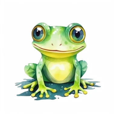 Watercolor of happy glass frog in rainforest clipart, for childish cards, illustration style, on white background, detailed, hd