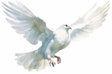 Clip art of flying dove, white, White margins around the image, drawn by Helen Beatrix Potter, easy to crop image, white background