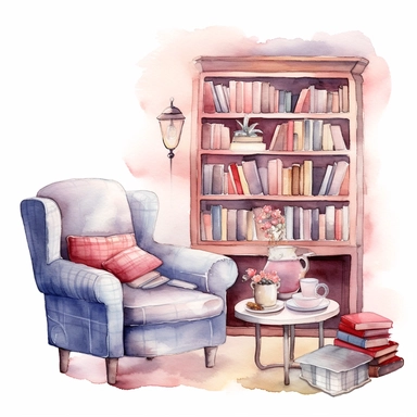 watercolored clipart,a cozy romantic reading corner with a comfortable armchair, a bookshelf and a cup of Coffee