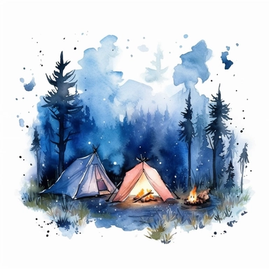 simple and minimalistic clipart in ink drawing and watercolor wash style, camping scenery with forest animals and camp fire, night time, stars and moon, blue shade colors, white background, uhd, high quality