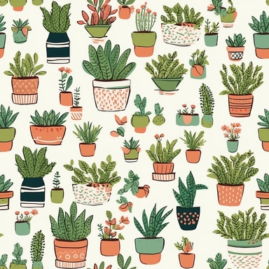 A cheery, clipart-style pattern of various potted plants, each with its own unique character and charm. Some pots have blooming flowers, while others host succulents, ferns, and even bonsai trees. The colors are mild and soothing, and the pattern seamlessly repeats, creating an endless garden, perfect for creating a calm, green space on any wall.