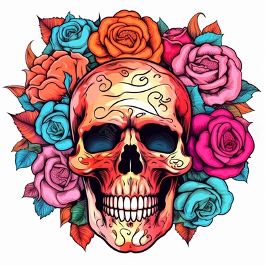 clipart of psychedelic roses and skulls, cartoon style, vector, on a white background
