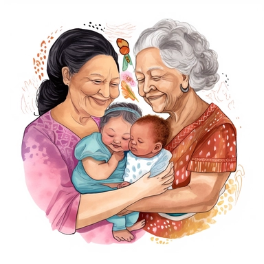A hand-drawn clipart on a white background, illustrating four generations of a family, from a great-grandmother to a newborn baby. Each family member is depicted with unique features and expressions, showcasing the diversity and unity of the family. The drawing style is vibrant and heartfelt, encapsulating the bond and love that spans across generations. The colors are bright and contrasting, adding a lively touch to the scene against the white backdrop