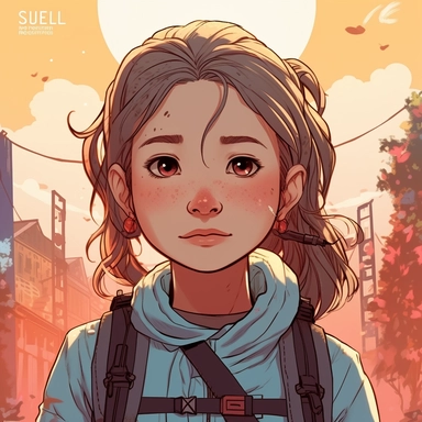 Blend of comic book art and lineart in a flat full color children's book in the style of Laurie Greasley illustration. Aya, an eight-year-old girl who recently immigrated to the United States from Japan. Despite the challenges of starting over in a new country, Aya is a brave and adventurous spirit. She has a fair complexion, with rosy cheeks that glow with excitement when she explores her new surroundings. Her hair is long and straight, jet black in color, and often tied back in a high ponytail