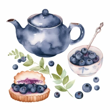 high quality blueberry clipart on insolated white background, watercolor classic style, detailed, flatlay, outlined, vintage mood, teacup with blueberry, teapot, pie with blueberry, blueberry brushes, blueberries, high resolution, cozy objects