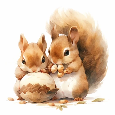squirrel and Acorn, illustration for book, children's book, 2 clipart, fiorucci angels, beautiful decoupage paper, pastel colors, white background clipartm, fantasy art, squirrel ears, perfect eyes, detailed body, Watercolor Clipart, strybk, full Illustration, 4k, sharp focus, watercolor, smooth soft skin, symmetrical, soft lighting, detailed face, concept art, watercolor style, strybk, children's style fairy tales, chibi kawaii, Octane rendering, 3d. Perfect face, detailed face, delicate face, 
