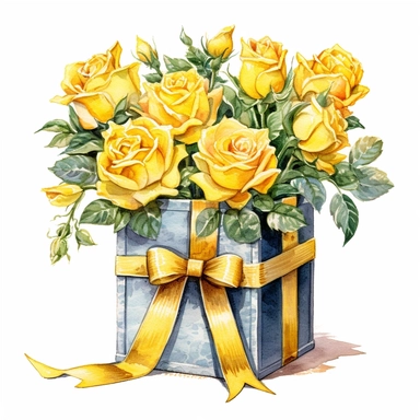 Watercolor a drawing of a decorative box of Yellow roses with Yellow ribbon, in the style of charming illustrations clipart, hd, detailed, on white background, spaced out